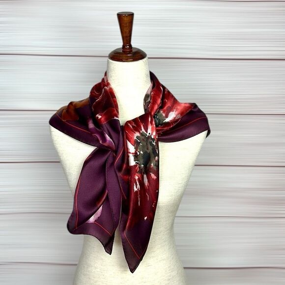 Ellen Tracy Silk Scarf Plum Color Poppy Flowers Print - Picture 5 of 11